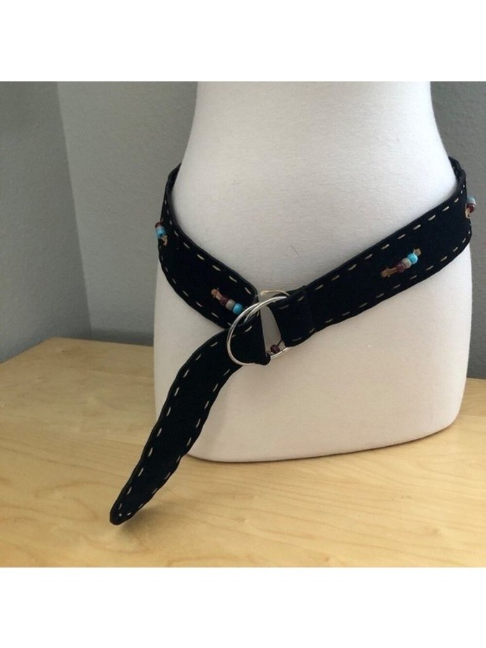 Hand Crafted Beaded Suede Leather Belt O/S Black Silver Festival Coastal Cowgirl